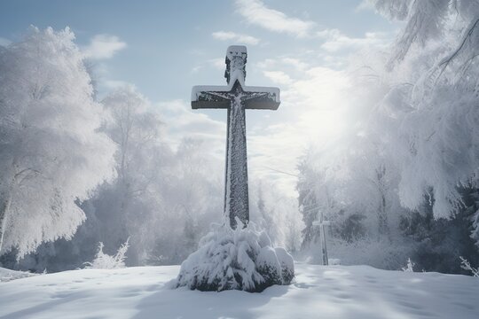 A stone cross monument, covered in fresh snow, standing steadfast in a tranquil cemetery during winter, with distant trees draped in white