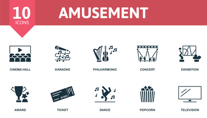 Amusement set. Creative icons: cinema hall, karaoke, philharmonic, concert, exhibition, award, ticket, dance, popcorn, television.