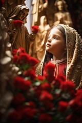 A young child gazing in wonder at a beautifully detailed statue of Our Lady of Guadalupe on her feast day, surrounded by roses
