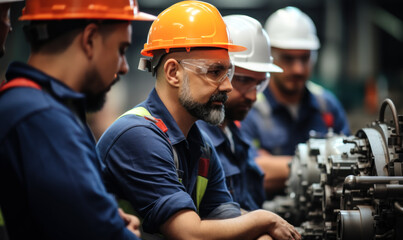 Skilled Engineer Team: Maintenance & Training in Modern Factory - obrazy, fototapety, plakaty