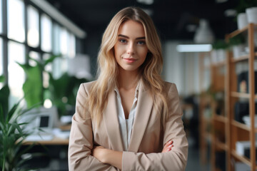 Portrait of business blonde woman standing with arms crossed in office looking at camera. AI Generative - obrazy, fototapety, plakaty