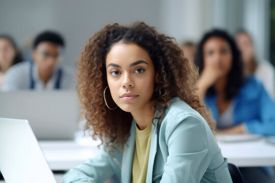 Smiling afro female student studying, using laptop in classroom. AI Generative