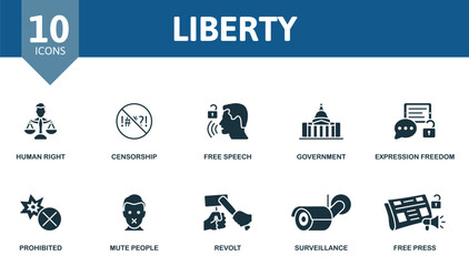 Liberty set. Creative icons: human right, censorship, free speech, government, expression freedom, prohibited, mute people, revolt, surveillance, free press.