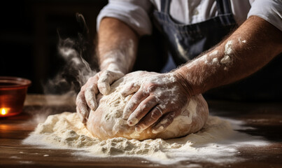 Fototapeta premium Bakery Bliss: Hands Expertly Preparing Pizza Pasta Dough