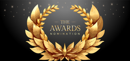Golden laurel wreath winner award nomination background. 3d realistic design. Award concept background. Luxury premium corporate abstract design template.