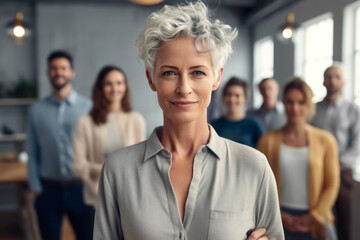 Senior business woman with gray hair standing and looking at camera in office. Work team behind. AI Generative