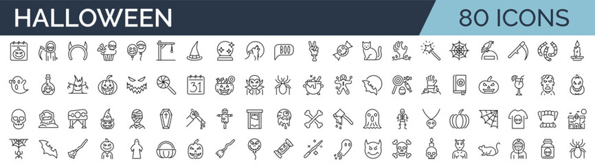 Set of 80 outline icons related to halloween. Linear icon collection. Editable stroke. Vector illustration - obrazy, fototapety, plakaty