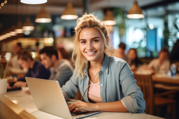 Fototapeta premium Pretty young woman working with laptop in office. AI Generative