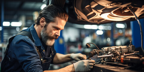 Professional Car Repair: Focused Mechanic Examines Suspension