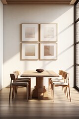 Fototapeta na wymiar Amazing Interior Design of a Dining Room White with Wooden Seats and Table.