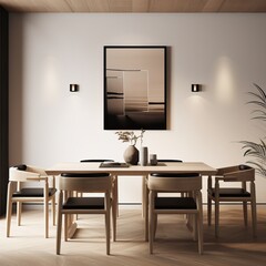Amazing Interior Design of a Dining Room White with Wooden Seats and Table.