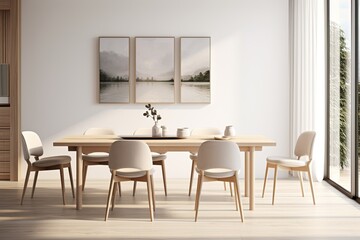 Amazing Interior Design of a Dining Room White with Wooden Seats and Table.