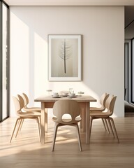 Amazing Interior Design of a Dining Room White with Wooden Seats and Table.