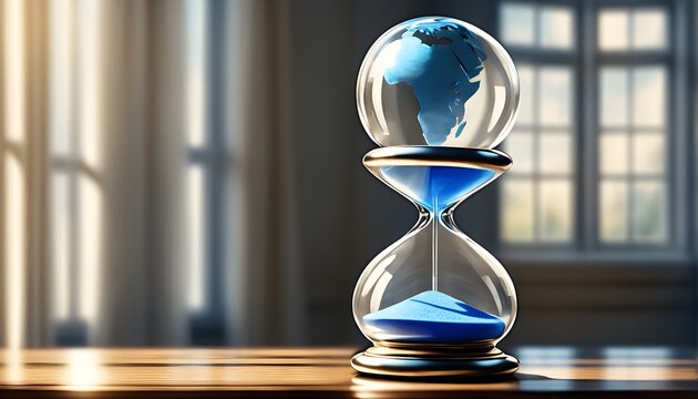Eine Sanduhr mit der Weltkugel innen - Symbol f&uuml;r Umweltschutz