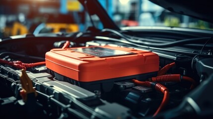 Fototapeta premium Maintenance of car battery, Check the electrical system inside the car, Repairing a car in auto repair shop.