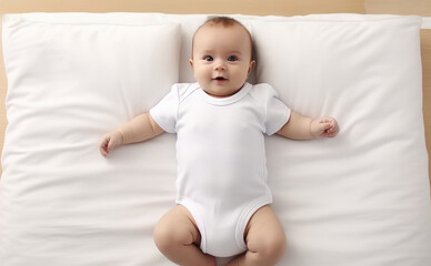 Baby at white bed background, Design template. Top view.