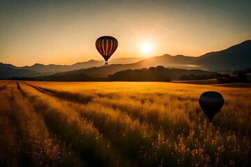 hot air balloon flying over the field 