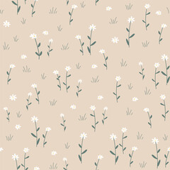 Seamless pattern with daisy flower. Small white flowers and green leaves on beige background. Cute floral print. Vector illustration