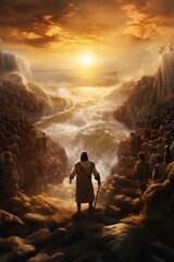 Moses leading the Israelites across the Red Sea, with walls of water on both sides and the golden light of dawn illuminating their path
