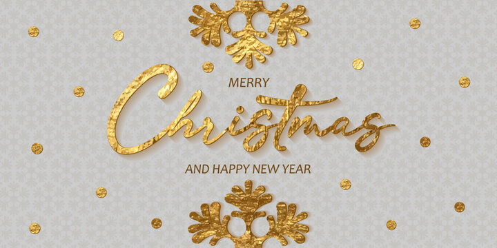 Merry Christmas and Happy New Year holiday card design. Golden foil letters, snowflakes, lettering. Shiny festive texture.