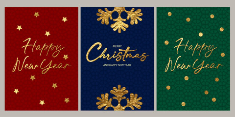Fototapeta na wymiar Merry Christmas and Happy New Year holiday card design. Golden foil letters, snowflakes, lettering. Shiny festive texture. Colorful Christmas style.
