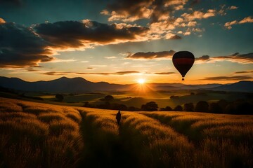 hot air balloon at sunset on the field