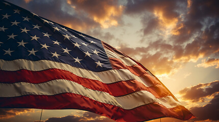 A moving tribute to veterans, featuring an American flag waving proudly in the wind against a vibrant sunset backdrop
