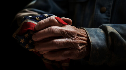 An evocative depiction of a veteran's hand, wrinkled with age, holding a folded flag as a symbol of honor and sacrifice