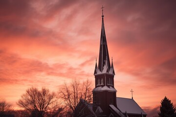 Obraz premium The silhouette of a church steeple, set against a brilliant winter sunset, with hues of deep orange and pink blending into the icy blue