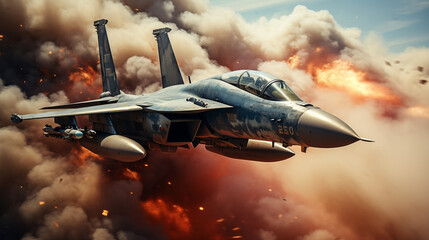 A striking image of a military jet soaring through a clear blue sky, leaving a trail of smoke in the colors of the American flag