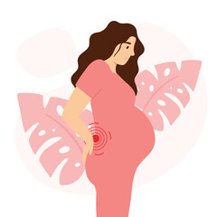 Pregnant woman with back pain in flat style. Concept of a pregnant girl with a sore back. Vector illustration.