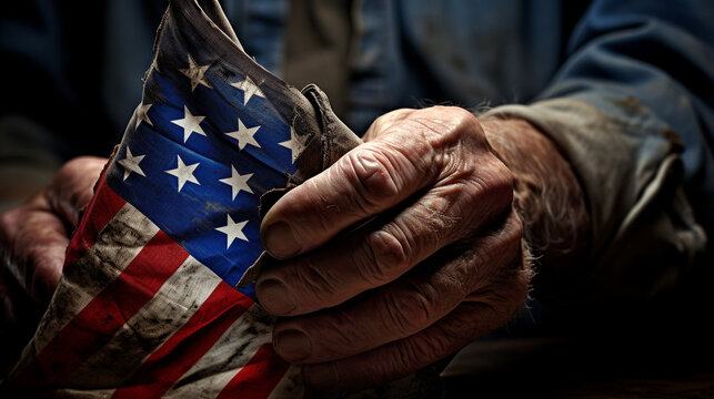 An evocative depiction of a veteran's hand, wrinkled with age, holding a folded flag as a symbol of honor and sacrifice
