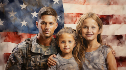 An artistic tribute to military families, featuring spouses and children proudly holding portraits of their deployed loved ones