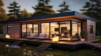 Fototapeta premium Modular wooden house at forest. Modern and elegant style.