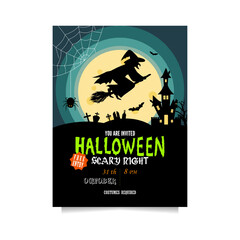 Halloween party invitation with a castle, bats, graves, a spider on the web and a witch on a broom in full moon