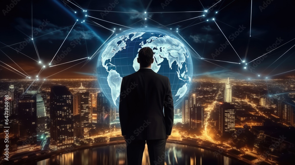 Aufkleber rear view, businessman generating wireframe business global network connection on worldwide digital 