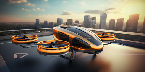 Eco friendly modern and futuristic air taxis flying in modern city. Generative AI.
