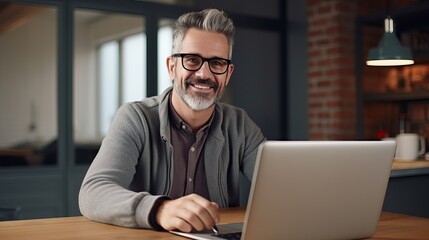40 Yers old Male using his Laptop.