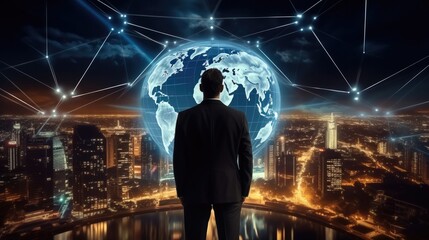 Rear view, Businessman generating wireframe business global network connection on worldwide digital marketing customer data analytics.