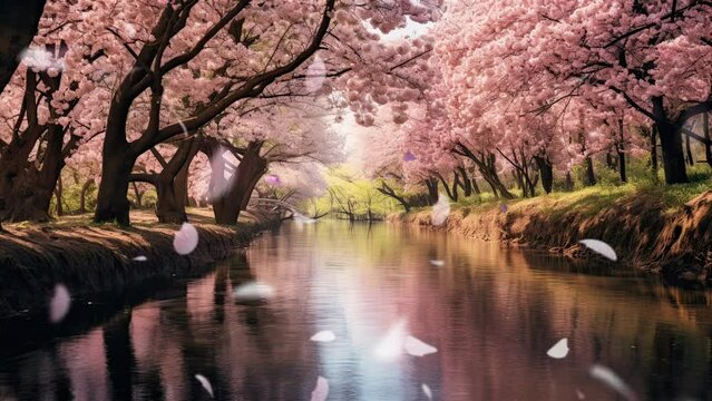 Enchanted elven forest, cherry blossoms bloom, river mirrors pink petals, butterfly dance on tranquil waters