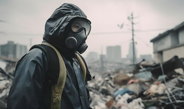 person with gas mask in a polluted city
