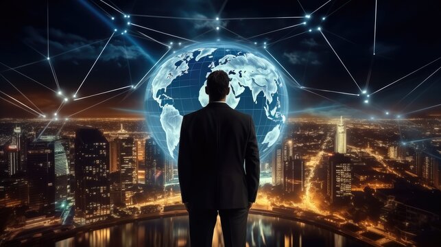 Rear view, Businessman generating wireframe business global network connection on worldwide digital marketing customer data analytics.