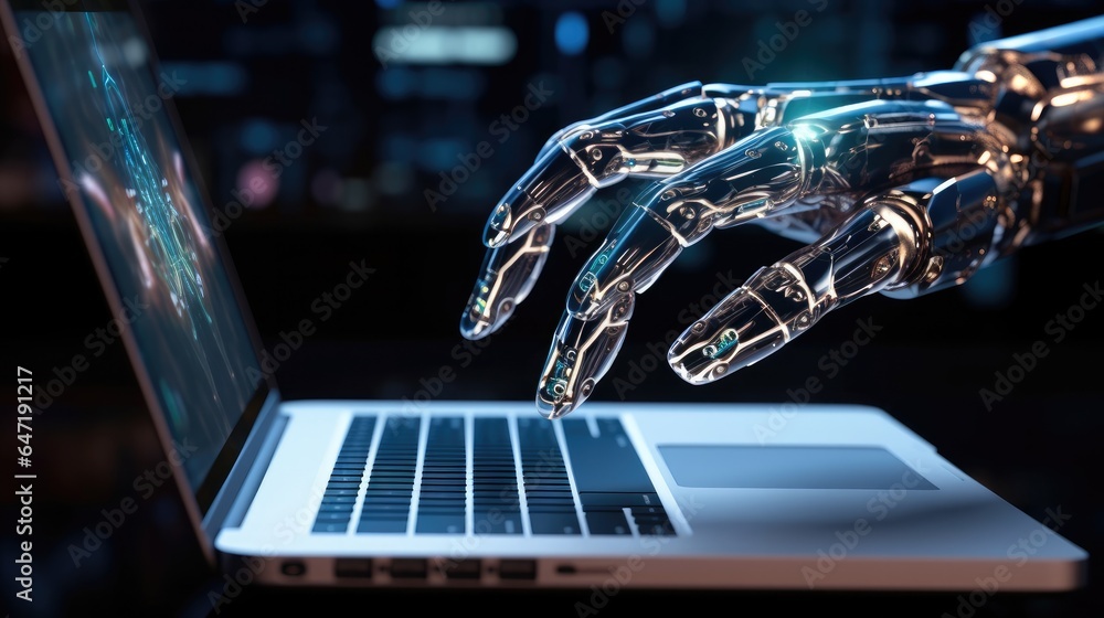 Poster Robot hands control the computer, Remote Access, Machine learning and Artificial Intelligence concept.