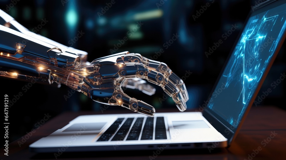 Poster Robot hands control the computer, Remote Access, Machine learning and Artificial Intelligence concept.