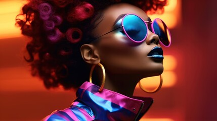 Portrait of young African American women wear sunglass with creative make up, High fashion, Bright neon colors.