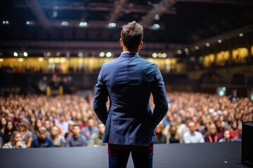 Back view of motivational speaker standing on stage in front of audience for motivation speech on conference