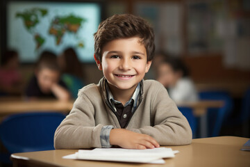Boy smiling at the camera while sitting in a classroom