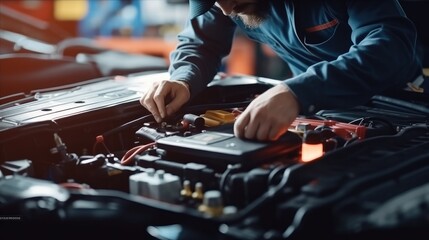 Technician of car mechanic are repairing a car in auto repair shop, maintenance of car battery, Check the electrical system inside the car.