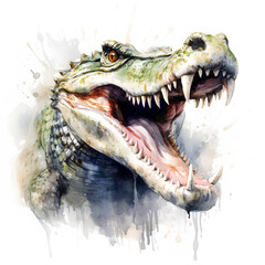 Angry crocodile with open mouth on white, dinosaur. Illustration created with  generative AI technologies 