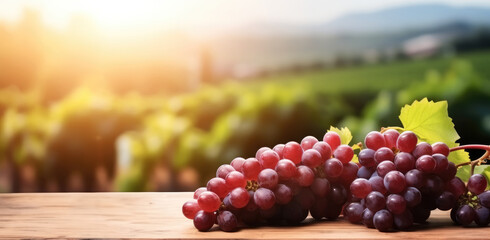 Wooden table with fresh red grapes with vineyard field background. - obrazy, fototapety, plakaty
